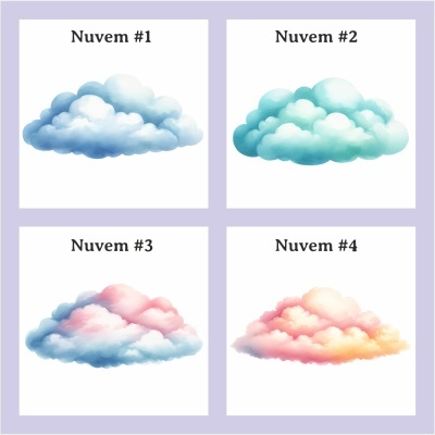 Quatro ilustrações de nuvens coloridas aquareladas numeradas de 1 a 4 em fundo branco com moldura lilás.