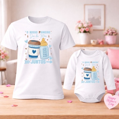 T-shirt branca de adulto e body branco de bebé com design de biberão e copo de café e texto em azul e castanho
