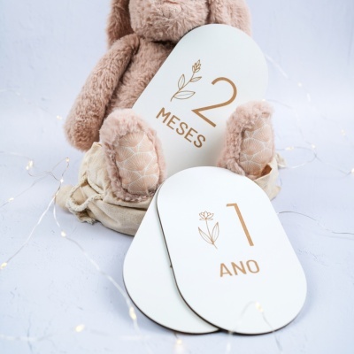 Placas com texto 2 MESES e 1 ANO junto a peluche castanho claro