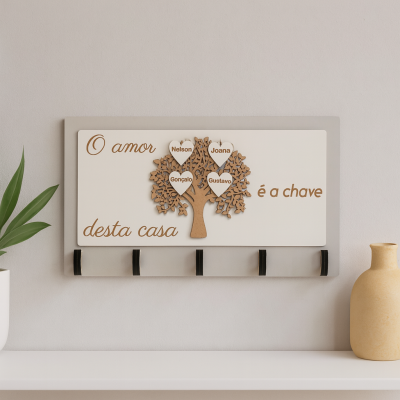 Cabideiro de parede com placa decorativa e ganchos