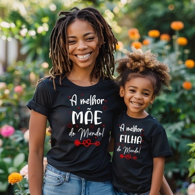 Duas pessoas a usar t-shirts pretas com texto branco e vermelho num jardim com flores laranjas e verde