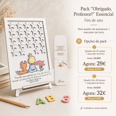 Pack Obrigado, Professor! com quadro de assinaturas em madeira e marcador de livros temático do Pequeno Príncipe