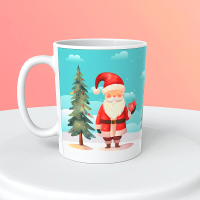 Caneca branca com ilustração de Papai Noel e árvore de Natal sobre fundo azul