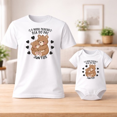 T-shirt e body brancos com estampa de ursos a abraçar e texto O NOSSO PRIMEIRO DIA DO PAI JUNTOS