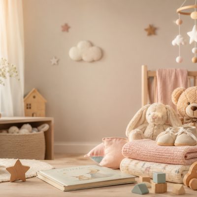 Quarto de bebé com peluches, sapatinhos, mantas e brinquedos de madeira
