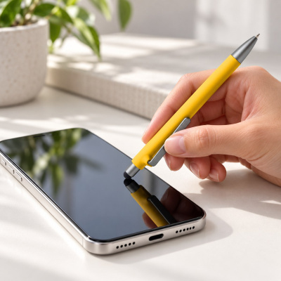 Mão segurando caneta touch screen amarela a tocar ecrã de smartphone prateado.