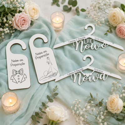 Portas de madeira para casamento e cabides personalizados brancos com texto e decoração em tecido verde e flores