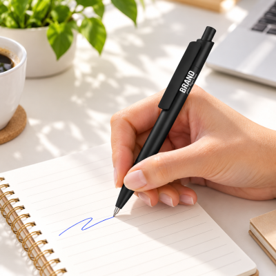 Caneta preta a escrever num caderno sobre uma mesa com planta, chávena de café e computador ao fundo