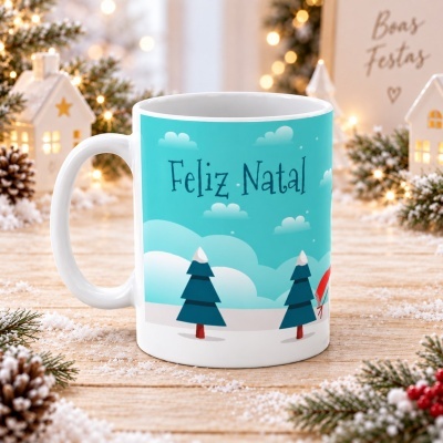 Caneca de Natal com design azul e texto Feliz Natal em mesa decorada