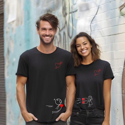Casal com t-shirts pretas decoradas com corações e desenhos divertidos