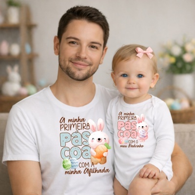 Conjunto de t-shirts brancas com ilustrações de coelhos e texto alusivo à primeira Páscoa para afilhada e padrinho.