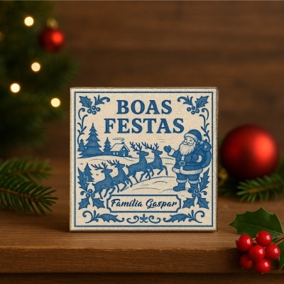 Placa decorativa de Natal com o texto BOAS FESTAS e ilustrações de Natal em azul.