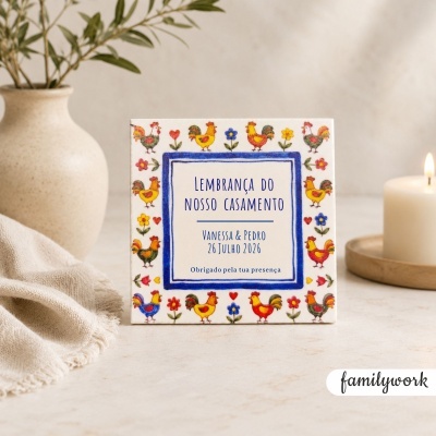 Placa decorativa de casamento com galinhas coloridas e texto em azul, com vaso e vela ao fundo