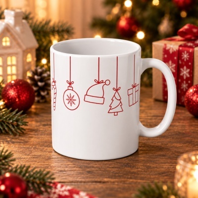 Caneca branca com desenhos vermelhos de Natal suspensos