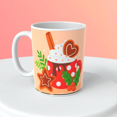 Caneca com ilustração de bebida com chantilly, biscoitos e folhas verdes