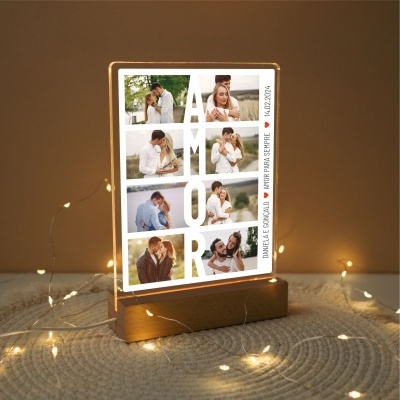 Luminária decorativa de acrílico com fotos de casais e texto AMOR