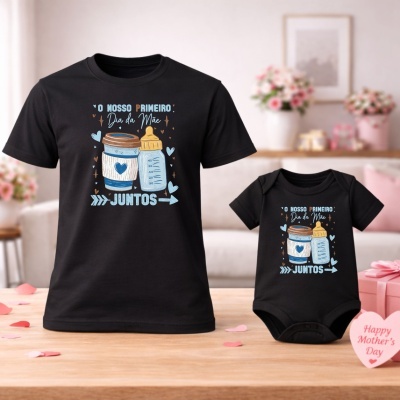 Conjunto de roupa preta infantil e adulta com texto e ilustração para o Dia da Mãe