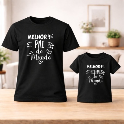 Duas t-shirts pretas com texto branco MELHOR PAI do Mundo e MELHOR FILHA do Mundo