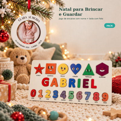 Pack Brincar: jogo de encaixe com nome e bola de Natal com fotografia
