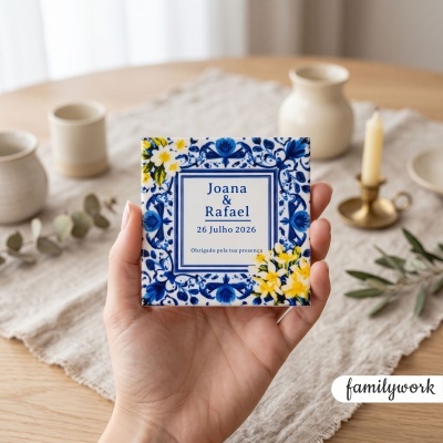 Azulejo decorativo azul e amarelo com texto em português numa mão, em mesa com jarros e vela.