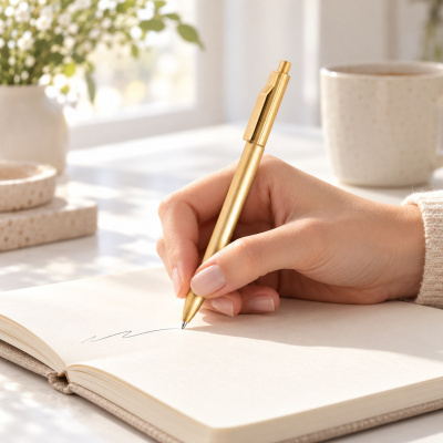 Mão a escrever num caderno com caneta dourada