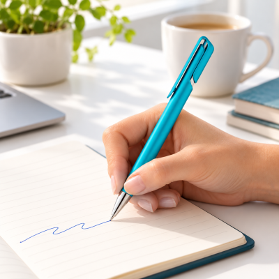 Pessoa a escrever num caderno com uma caneta azul turquesa