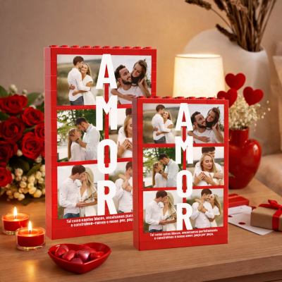 Duas molduras vermelhas em formato de blocos com fotos de casais e palavra AMOR, velas e decoração romântica ao fundo