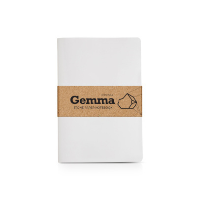 Caderno branco Gemma com banda de papel castanho e texto