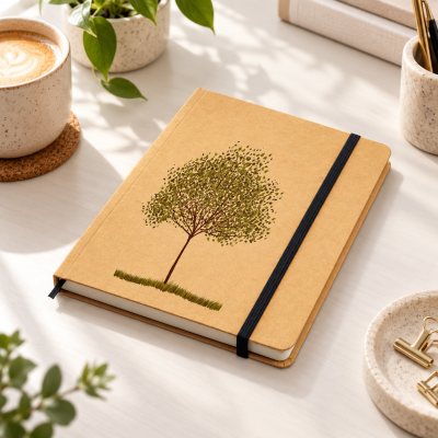 Caderno com capa castanha clara e desenho de árvore, com elástico preto em mesa clara