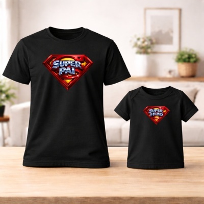Duas t-shirts negras com estampados SUPER PAI e SUPER FILHO em azul e branco sobre padrão vermelho e amarelo.