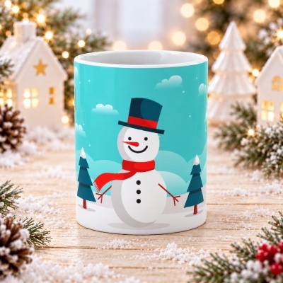 Caneca com boneco de neve em cenário natalício