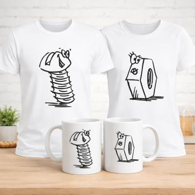 T-shirts e canecas brancas com desenhos a preto de parafuso e porca caricatos