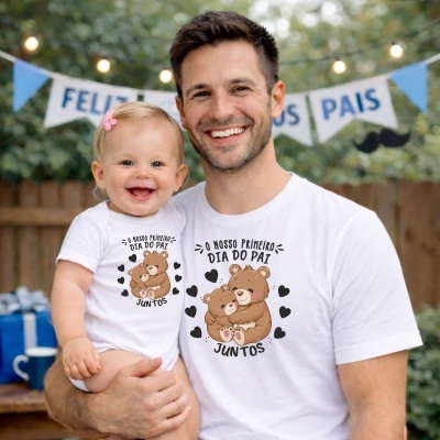 Pai e filha com t-shirts brancas com ursos e texto dia do pai, decoração festiva ao fundo