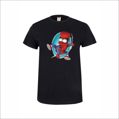 T-shirt preta com estampa de personagem cartoon vestido de Homem-Aranha.
