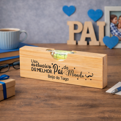 Nível de madeira com texto personalizado para o pai num ambiente de secretária.