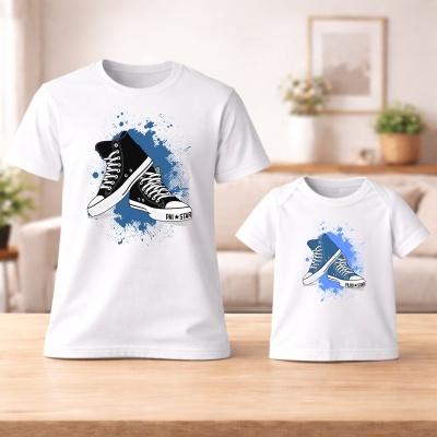 T-shirts brancas para pai e bebé com desenho de ténis e texto PAI STAR e FILHO STAR