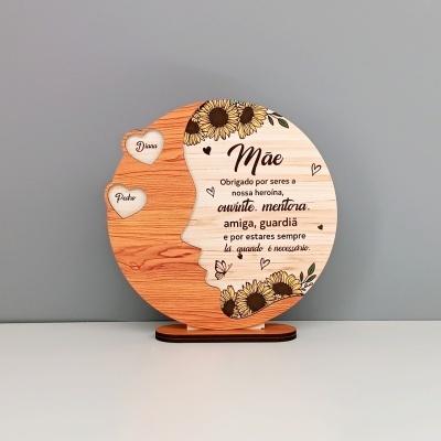 Placa decorativa de madeira com texto em português e girassóis para presente de mãe