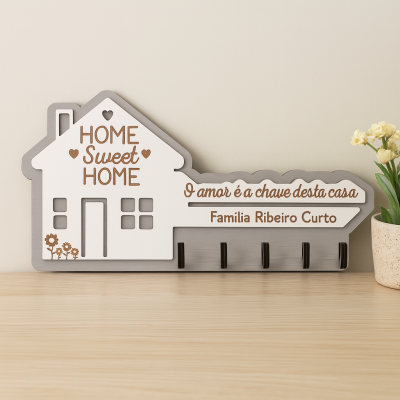 Suporte para chaves de madeira em forma de casa com texto decorativo