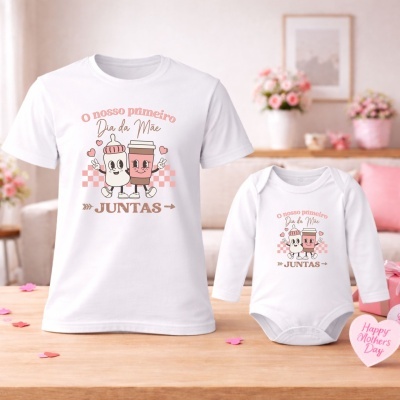 T-shirt e body brancos com estampa de biberão e café e texto em português