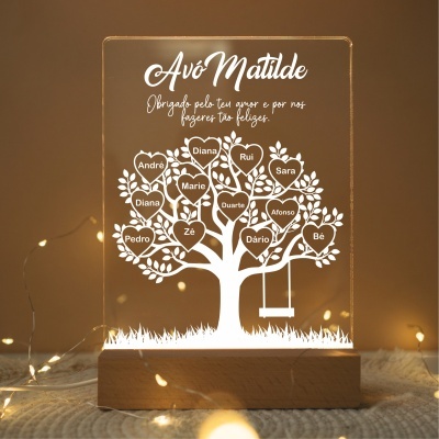 Placa luminosa acrílico com árvore da família e texto para avó