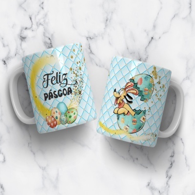 Conjunto de canecas de cerâmica azul com texto Feliz Páscoa e ilustração de coelho e ovos de Páscoa.