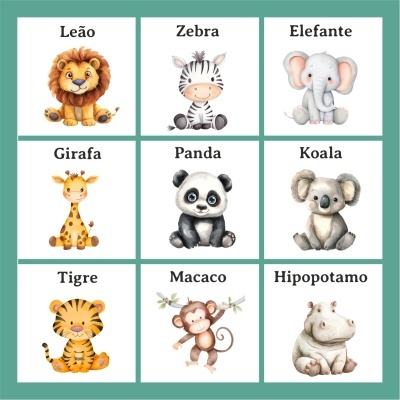Ilustrações de animais bebé com seus nomes em português, em quadrados verdes e fundos brancos.