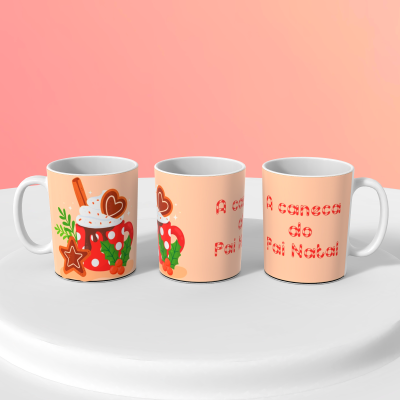 Três canecas decoradas com ilustração festiva e texto em português com fundo cor-de-rosa.