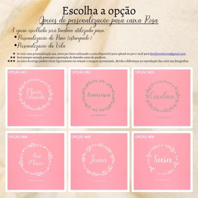Opções de personalização para caixa Rosa com nomes em círculos florais em fundo cor de pele