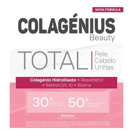 COLAGÉNIUS Beauty Total Pele Cabelo Unhas Embalagem rosa e cinzenta do suplemento COLAGÉNIUS Beauty