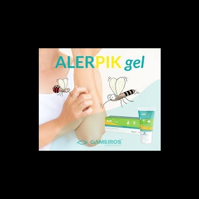 Tubo e caixa do gel ALERPIK verde e branco com ilustrações de insetos e mão aplicando no braço