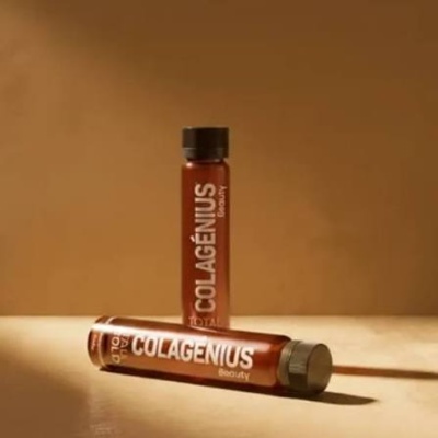 Ampolas castanhas com tampa preta e prata e texto COLAGENIUS Beauty