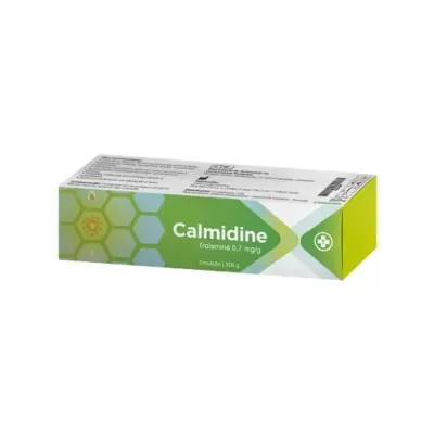 Caixa de creme Calmiline Trolamina emulsão 100 g em cores verde e branco