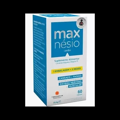 Embalagem do suplemento alimentar Max Nésio Cardio azul e branca