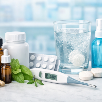 Produtos de saúde e bem-estar variados sobre uma superfície branca com fundo desfocado.